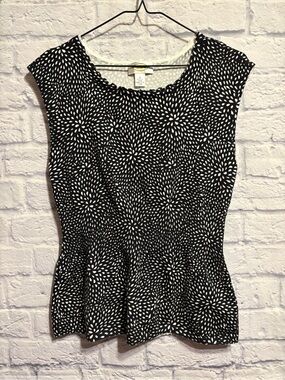 Talbots Black and White Floral Dot Peplum  Knot Top Small